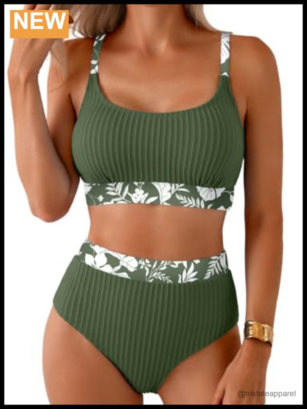 Textured Bikini Set High Waisted Floral Trim Scoop Neck Adjustable